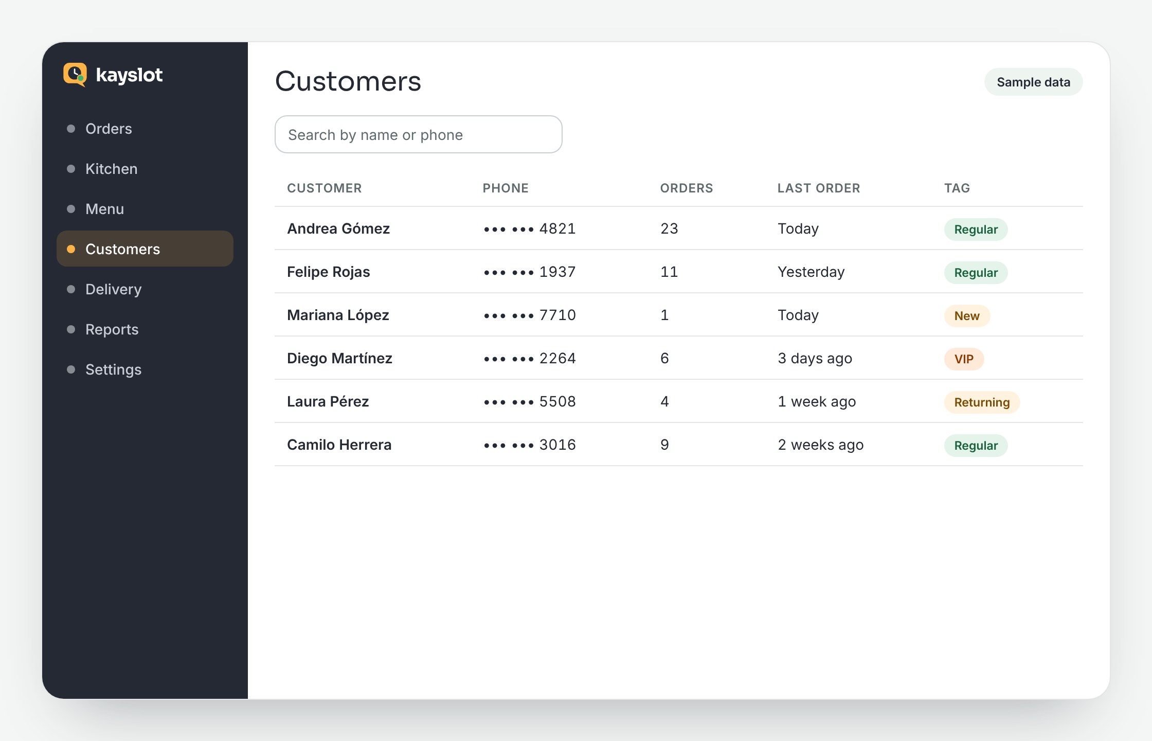 Customer list with order count, last order and tags.