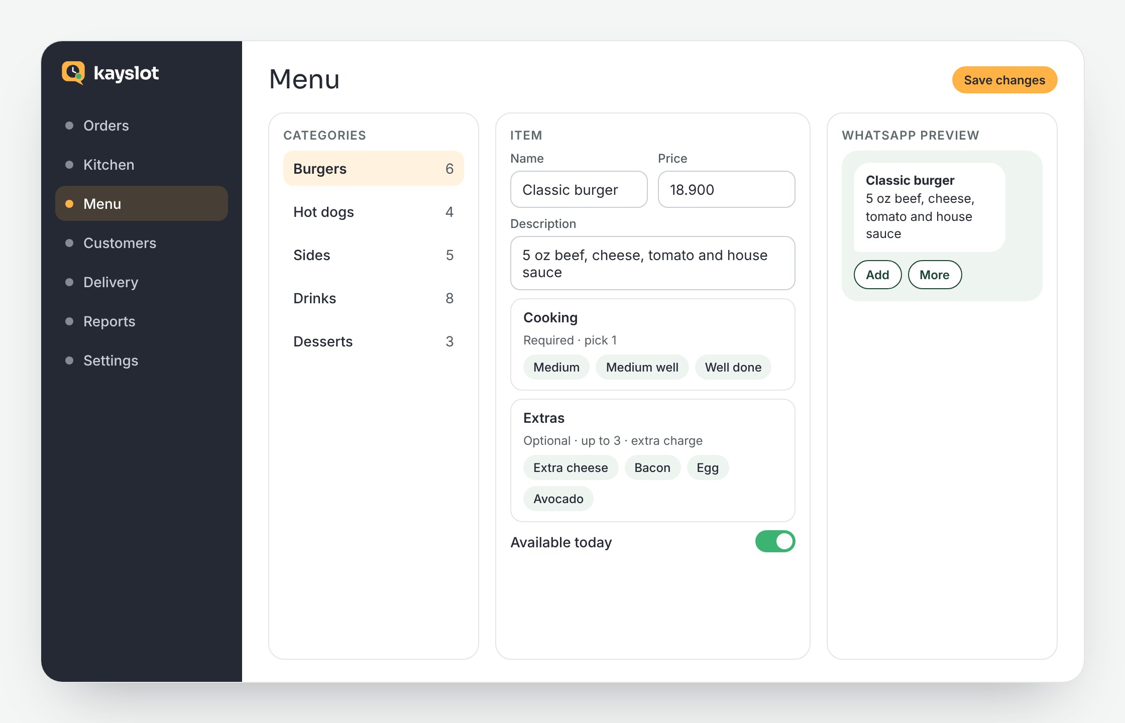 Menu editor: categories, item with price, cooking options, add-ons and WhatsApp preview.