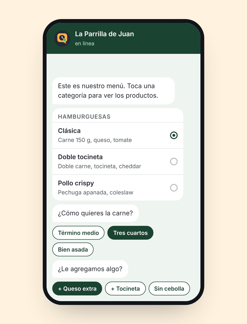 Chat de WhatsApp con el menú por categorías y opciones de término y adiciones.