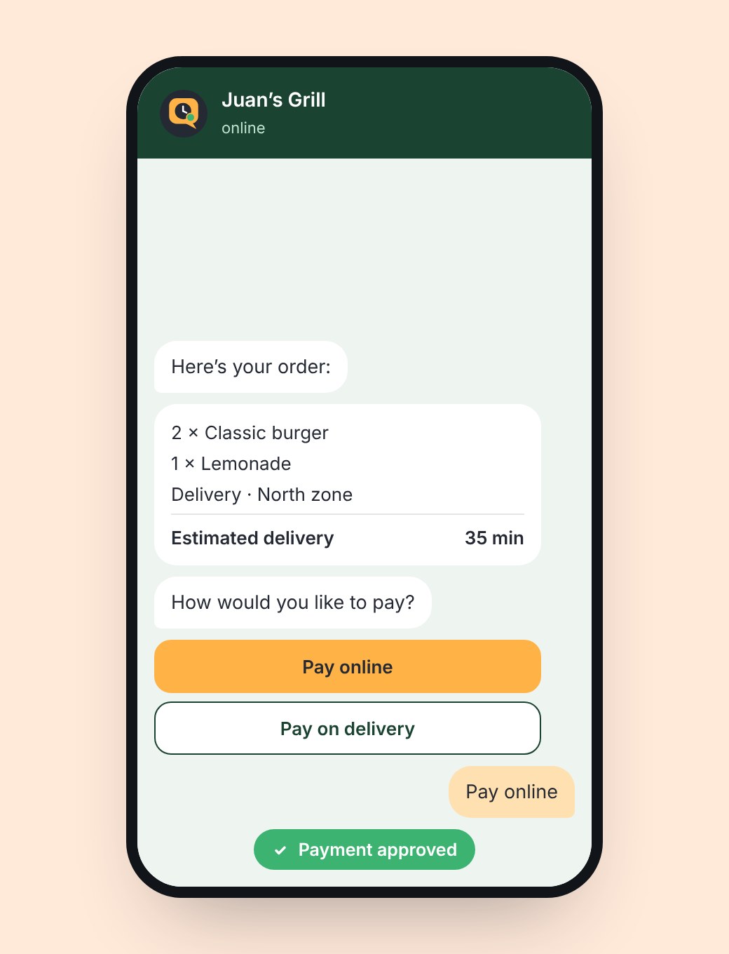 Chat with the order summary, payment buttons and the payment approved notice.