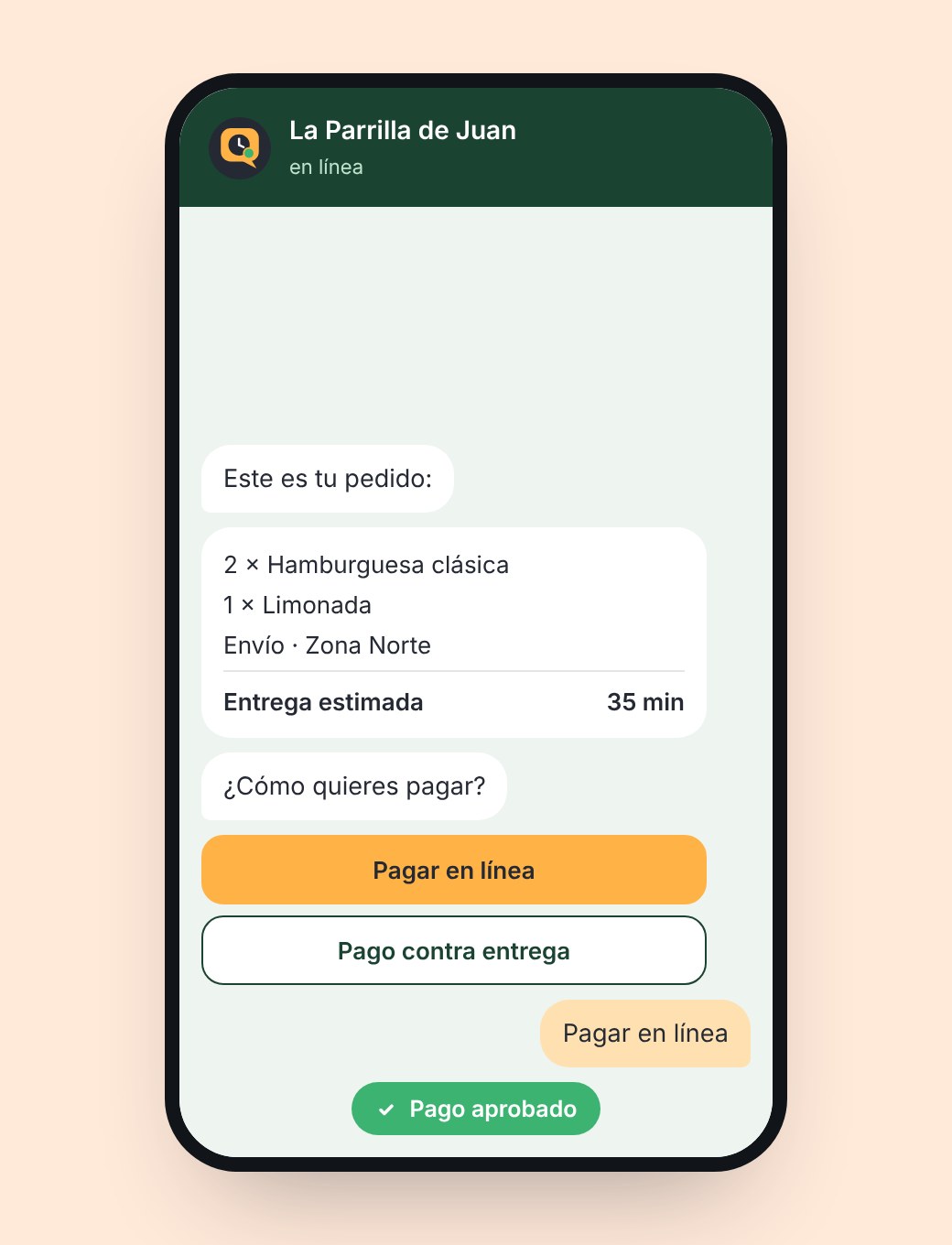 Chat con el resumen del pedido, botones de pago y el aviso de pago aprobado.