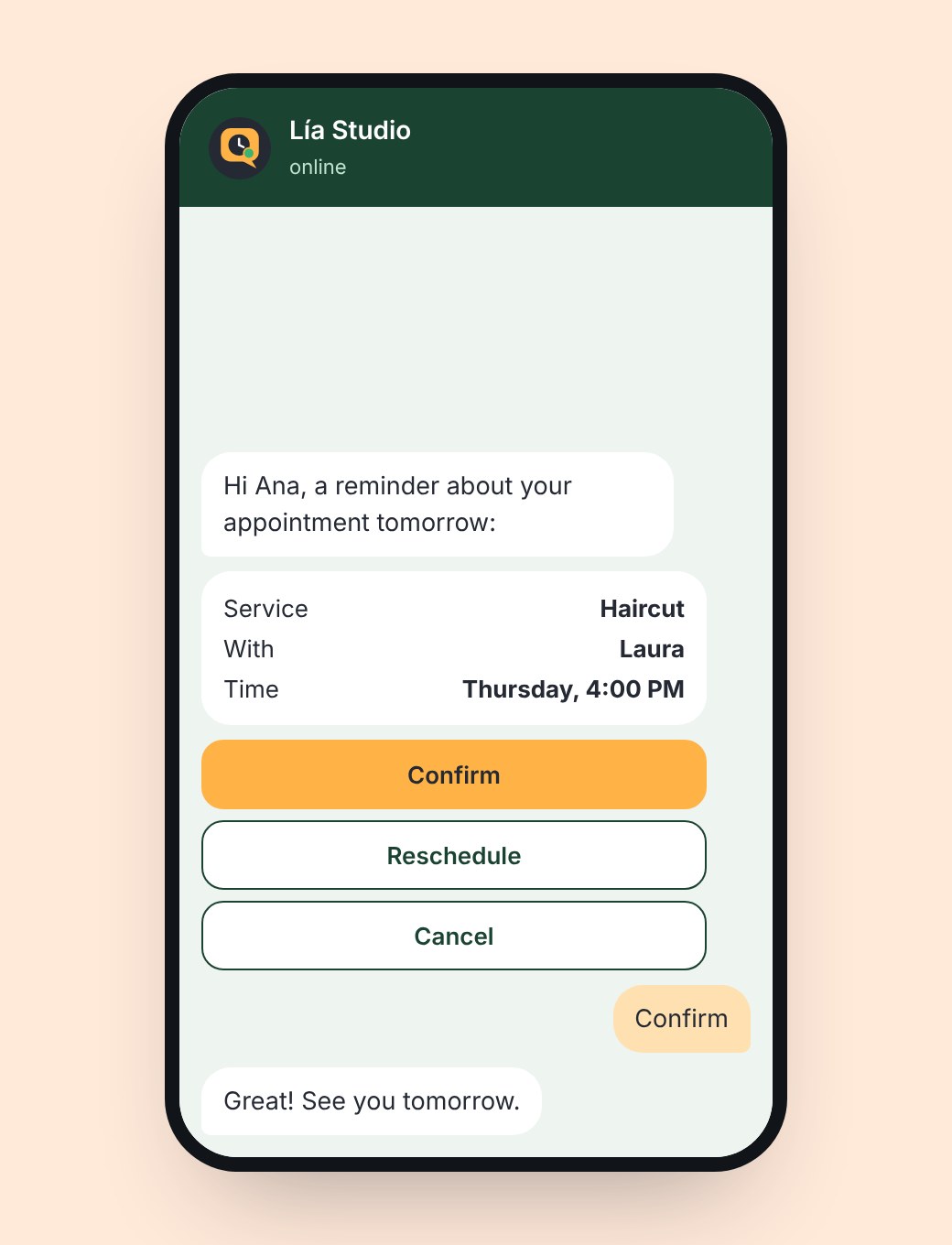 Appointment reminder on WhatsApp with buttons to confirm, reschedule or cancel.
