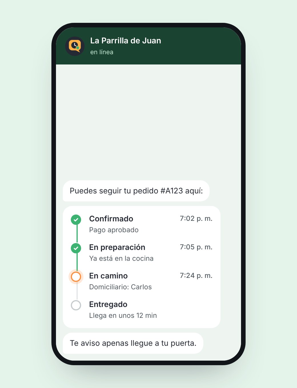 Seguimiento del pedido con los estados confirmado, en preparación, en camino y entregado.